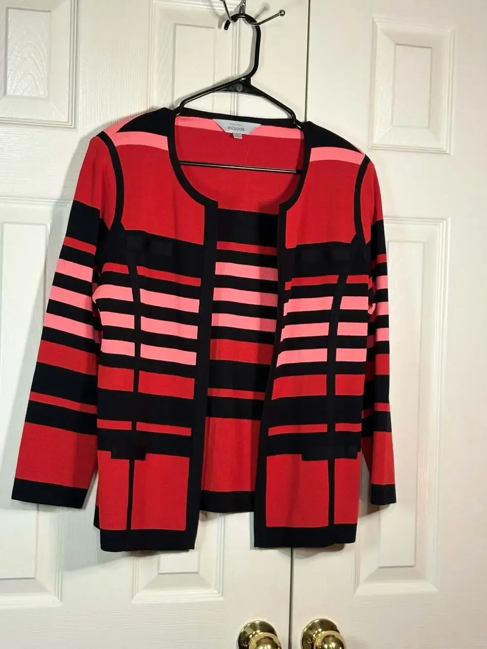 Misook Women's Red Black Striped Knit Open Front Jacket Cardigan Size M